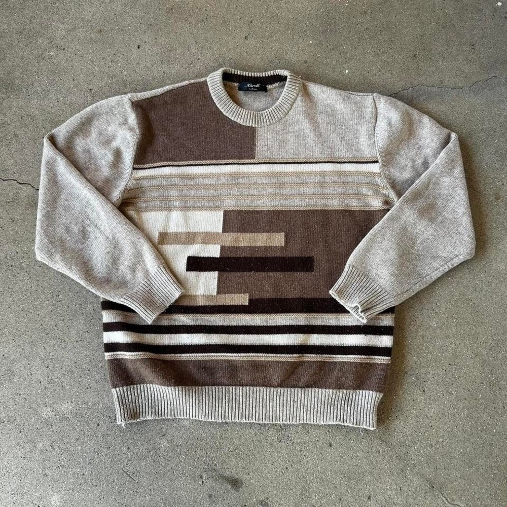 Vintage earth tone brown geometric patterned knit sweater Size XL